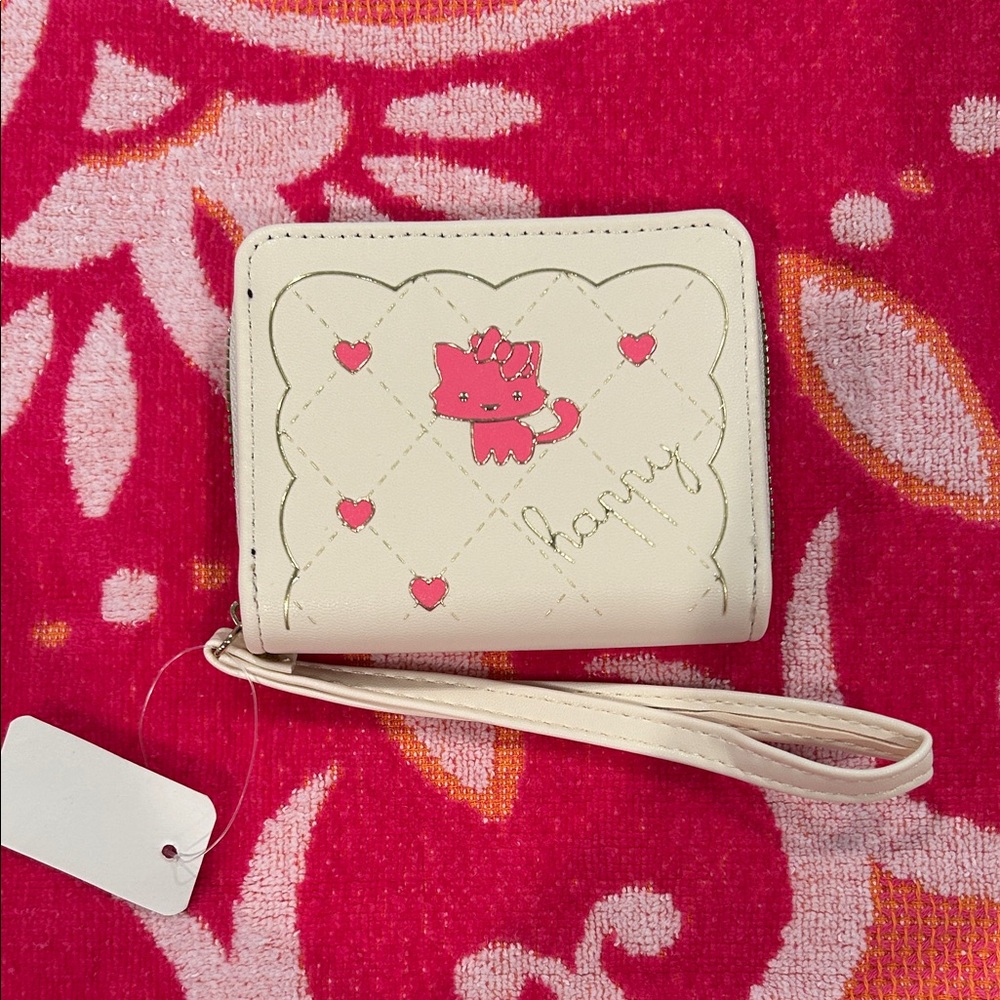 Cream Wallet with Pink Cat Design